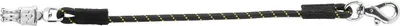 A black and yellow elastic strap with metal clasps on a white background.