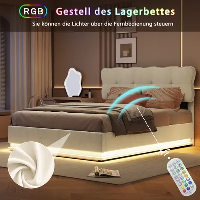 Immagine prodotto di UnboxG Letto imbottito 160x200cm con LED, letto matrimoniale con rete a doghe in metallo e vano contenitore con rete idraulica, letto funzionale, velluto, beige