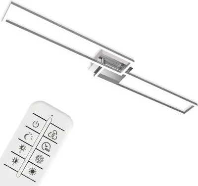 A modern LED ceiling light and its remote control are shown against a white background.