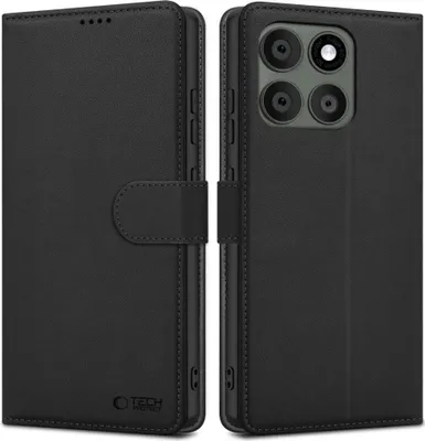 A black flip case for a smartphone is shown from the front and back.