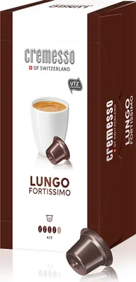 A product box of Cremesso coffee capsules, with a cup of coffee and a capsule shown.