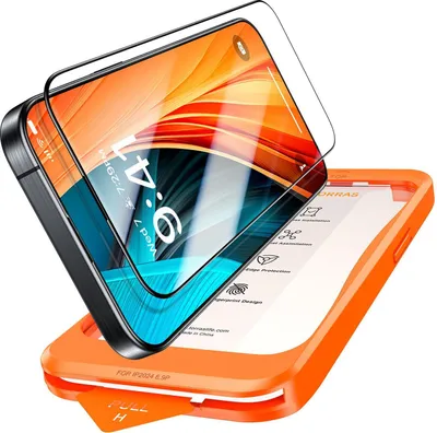 A screen protector and its installation frame for a smartphone.