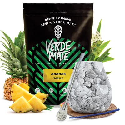 Produktbild von Verde Mate - Mate Tee Set Ananas 500g - Yerba Mate Dicke Blätter 5mm - Keramik Becher Marmol Blanco 300ml, Edelstahl Bombilla - Luftgetrocknet, Mild