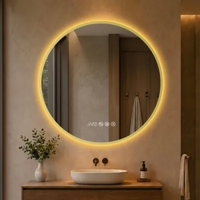 Produktbild von S'AFIELINA LED Badezimmerspiegel Rund Ø80 cm, Goldener Rahmen| 3 Lichtfarben, stufenlos dimmbar, Antibeschlag, Uhr & Temperaturanzeige, Memory