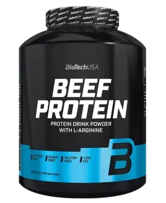 A black and blue container of BioTech USA Beef Protein powder.
