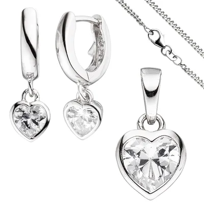 Produktbild von Kinder Schmuck-Set Herz 925 Silber mit Zirkonia Anhänger Ohrringe Kette 42 cm
