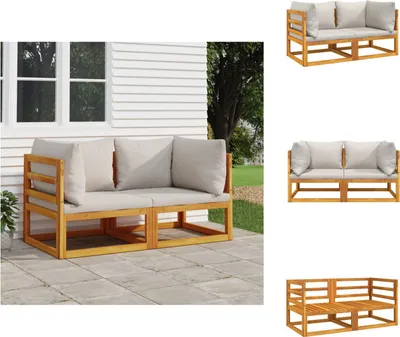 Produktbild von vidaXL Modular-Ecksofas 2 Stk. mit Hellgrauen Kissen Massivholz Akazie - Gartensofaelemente