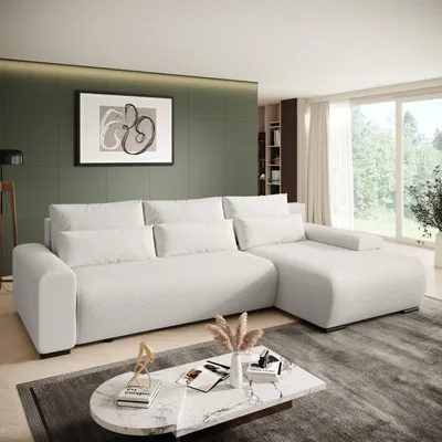 Produktbild von BEAUTYSOFA | Ecksofa BENNY L mit Schlaffunktion und Bettkasten, Bouckle Stoff in Beige – Ottomane rechts – Modernes Polstersofa