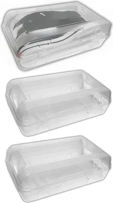 Three images of transparent shoe boxes stacked vertically.