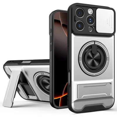 Obrázek produktu pro Magnetické pouzdro pro iPhone 16 Pro Max Ochranné pouzdro s posuvným krytem fotoaparátu a kroužkovým stojánkem Stříbrná