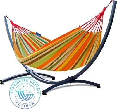 Produktbild von Potenza Outdoor Hängematte mit Verzinkter Gestell für 2 Personen I Baumwolle Doppelhängematte XXL 220x160, 200kg I Hängemattengestell 220kg, wetterfest
