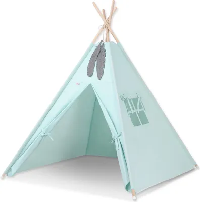 Produktbild von Tipi Zelt für Kinder in Jasmingrün mit Federn - Spielzelt für drinnen und draußen, 150 cm hoch, 130 cm Durchmesser, aus 100%