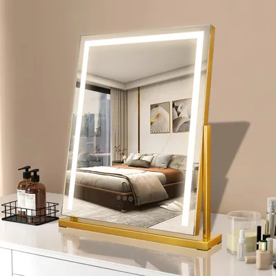 Make-up Spiegel mit Licht, 52x58 cm, 3 Farbtemperaturen, 360° drehbar, Gold