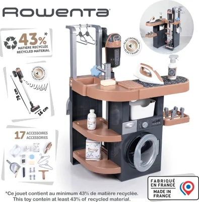 Produktbild von Smoby - Rowenta Haushalts-Set Waschküche - Spielwäscheraum mit Waschmaschine, Bügelbrett, Staubsauger & Zubehör - Haushaltsspiel-Set ab 3 Jahren