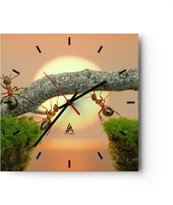 Produktbild von Wanduhr - Quadrat - Glasuhr - Tiere Ameisen Brücke Natur - 30x30cm - Schleichendes Uhrwerk - Lautlos - zum Aufhängen bereit - Dekoration Modern - Wanddekoration aus Glas - C3AC30x30-2104