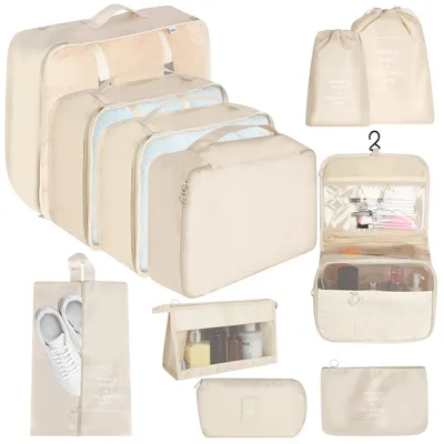 Produktbild von 11-Teilige Koffer Organizer Set, Packing Cubes Compression, Packing Cubes Kleidertaschen, Kofferorganizer Packtaschen Set Kosmetiktasche, Schuhbeutel, für Organizer Koffer Urlaub (Beige)