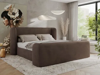 A bedroom scene featuring a brown velvet bed with a large headboard, set against a textured gray wall. The room is decorated with modern pendant lights, a large artwork of a woman with flowers, and a window with sheer curtains overlooking greenery.