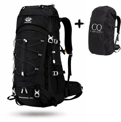 Image de CarryQuest® - Sac à dos 60L en nylon avec housse de pluie, ventilation dorsale, couleur noire