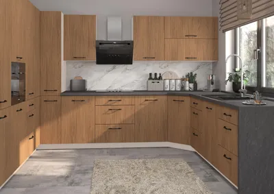 Produktbild von U-Form Küchenzeile CASELLA Einbauküche Holzoptik Farbe & Ausführung wählbar HETTICH InnoTech Atira Vollauszug Casella Eiche Natur braun weiß