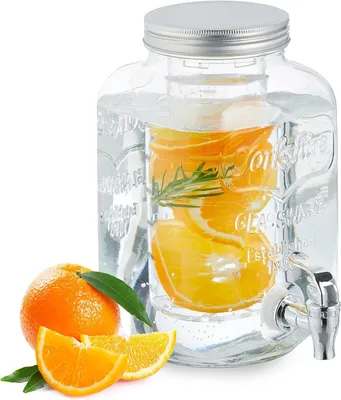 Immagine prodotto di Distributore per bevande con infusore - Rubinetto e coperchio - 4 litri - Dispenser per limonata in vetro con rubinetto - Saponetta - Trasparente