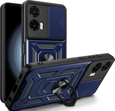 A blue and black phone case with a ring holder is shown from two angles against a white background.