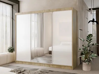 Zdjęcie produktu dla Szafa przesuwna 250 cm Lake z lustrem, szafa do sypialni z drzwiami przesuwnymi, trzydrzwiowa szafa przesuwna, Szerokość: 250 cm, Kolor: dąb sonoma, Kolor szkła: biały