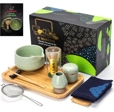 Immagine prodotto di Set da tè Matcha, 10 pezzi, bambù e Vetroceramica, verde chiaro con linea nera