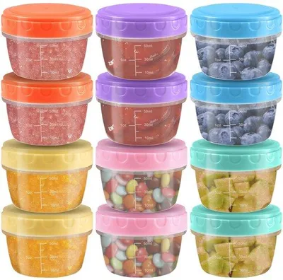 Image de Unyqoos® : Lot de 12 mini-boîtes de rangement de 77 ml en PP avec couvercle à vis, 6 couleurs – Contenants hermétiques pour snacks et sauces