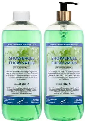 Image de Gel douche eucalyptus, 2 flacons de 1 litre, avec pompes dorées