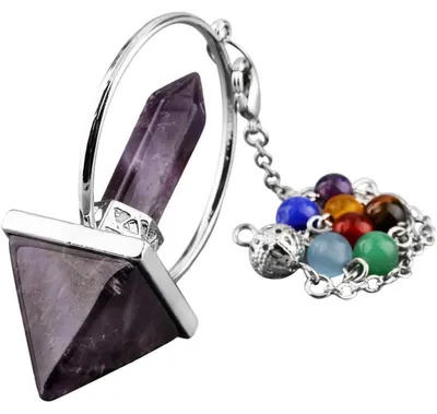 Image de Pendule en améthyste, pyramide hexagonale en cristal représentant les 7 chakras, pierre pour la méditation et la guérison, couleur violette