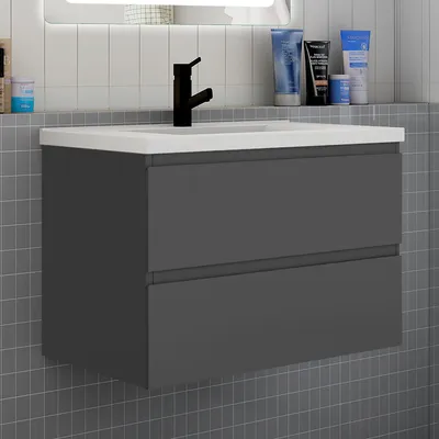 Produktbild von Badezimmermöbel 80cm CINIC-Serie Keramik Waschtisch mit Unterschrank Hängeschrank Badezimmerschränke mit 2 Schubladen Anthrazit