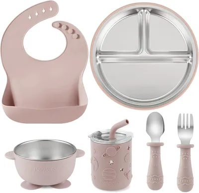 Produktbild von PandaEar 6-in-1 Babynahrungs-Set aus Edelstahl – Teller mit Saugnapf – Schüssel für Kleinkinder – Trinkbecher mit Strohhalm – Lätzchen