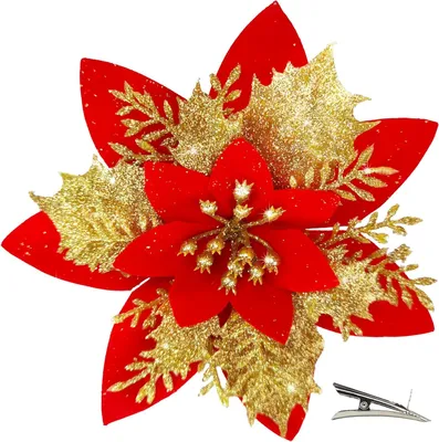 Produktbild von 20 Stück Glitzernde Weihnachtsstern Blumen mit Clips - Poinsettia Weihnachtsblumen für strahlende Weihnachtsbaumdekorationen (Gold-Rot)