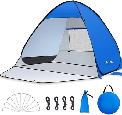 Produktbild von Strandzelt, Pop-up-Strandzelt mit Reißverschluss, UV-Schutz 50+, Windschutz, kleine Packgröße, blaues Strandzelt