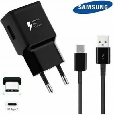 A black Samsung fast charger and USB-C cable are displayed against a white background.