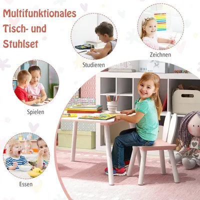 Produktbild von Kindertisch mit 2 Stühlen 3 TLG. Kindersitzgruppe mit Massivholzbeine Rosa