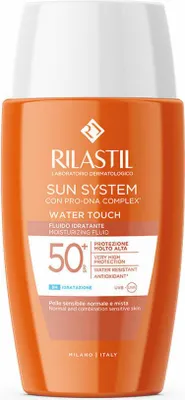 A product shot of a sunscreen bottle against a white background.