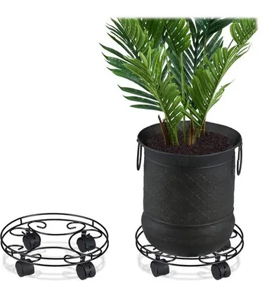 Produktbild von Famanu Pflanzenroller Set aus 2 Metallrollen Ø 29 cm, runde Blumentopfuntersetzer mit Rädern, Tragkraft 50 kg, schwarz