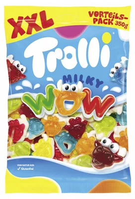 Zdjęcie produktu dla Cukierki żelowe Trolli Milky Wow z odtłuszczonym mlekiem w proszku, opakowanie 350 g