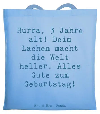 Produktbild von Mr. & Mrs. Panda Shopping Tasche Spruch 3. Geburtstag Jubel - Sky Blue - Geschenk, Geburtstagsfeier, Tote Bag, Happy Birthday, Stoffbeutel, Glückwunsch, Lächeln, Glück