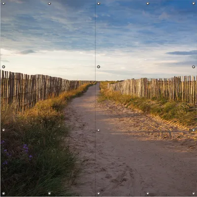 Produktbild von Wallario Outdoor-Poster für Garten oder Balkon, Motiv Sandweg an einem Strand in Frankreich, Bretagne, in ca. 180 x 180 cm
