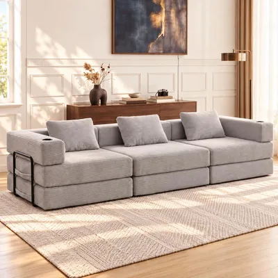 Produktbild von Modulares Cord-Sofa 3-Sitzer in Grau Wohnlandschaft mit Getränkehalter & Metallrahmen, Flauschiges Cord-Sofa für Wohnzimmer,Modernes U-Sofa