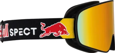 A pair of ski goggles with a black frame and a mirrored orange lens, featuring a black strap with the Red Bull logo and text.