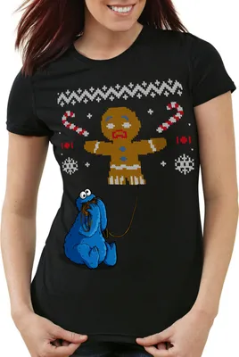 Produktbild von style3 Krümelmonster Ugly Sweater Damen T-Shirt kekse cookie fun ernie bert monster x-mas pulli, Farbe:Schwarz, Größe:L