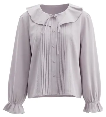 Produktbild von Lila Bluse mit Blumenmuster, klassischem Kragen und langen Puffärmeln, Größe S