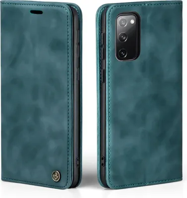 A teal flip case for a smartphone is shown from two angles.