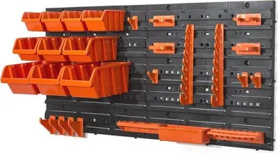 Produktbild von Kunststof Werkzeugtray mit 13 Aufbewahrungsboxen und 17 Werkzeughaken für Lager und Werkstatt