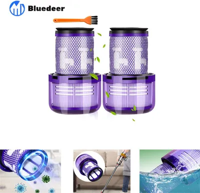 A collage of images showing vacuum cleaner filters, a cleaning brush, and a vacuum cleaner in use.