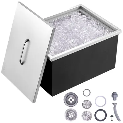 Image de Bac à glace Drop-in de VEVOR, 30,25 L Seau à glace en acier inoxydable, 508 x 355 x 308 mm Bac à glace commercial avec couvercle, Coffre de stockage de glace intégré, Tuyau de vidange et bouchon de vidange fournis