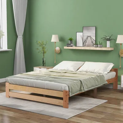 Produktbild von Merax Futonbett Doppelbett 140x200cm mit Kopfteil und Lattenrost, Klassisches Bett Massivholzbett Jugendbett, Natur